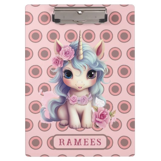 ネームパーソナライズされたフェアリーベビーユニコーンきらめく クリップボード (正面)
