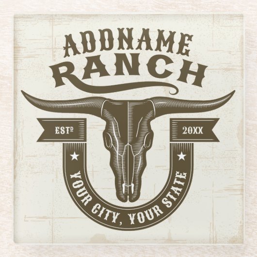 ネームパーソナライズされたブルステアスカルウエスタンランチ ガラスコースター (正面)