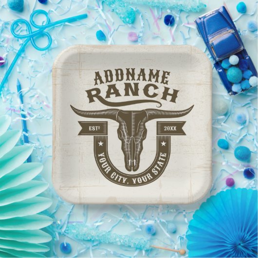 ネームパーソナライズされたブルステアスカルウエスタンランチ ペーパープレート (パーティー)