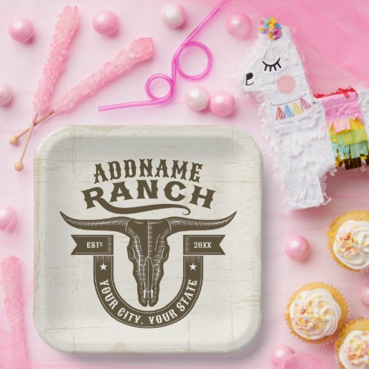 ネームパーソナライズされたブルステアスカルウエスタンランチ ペーパープレート (パーティー)