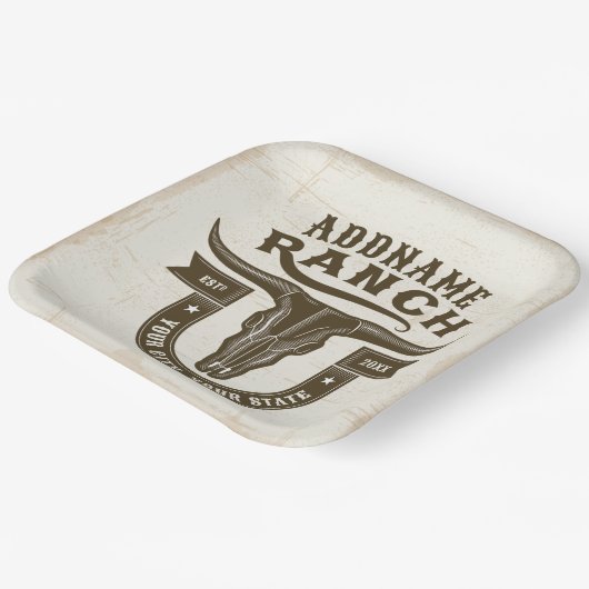 ネームパーソナライズされたブルステアスカルウエスタンランチ ペーパープレート (傾斜あり)