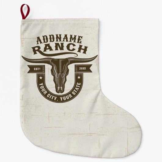 ネームパーソナライズされたブルステアスカルウエスタンランチ ラージクリスマスストッキング (正面)
