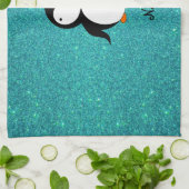 ネームパーソナライズされたペンギンターコイズグリッター キッチンタオル (折り畳み)