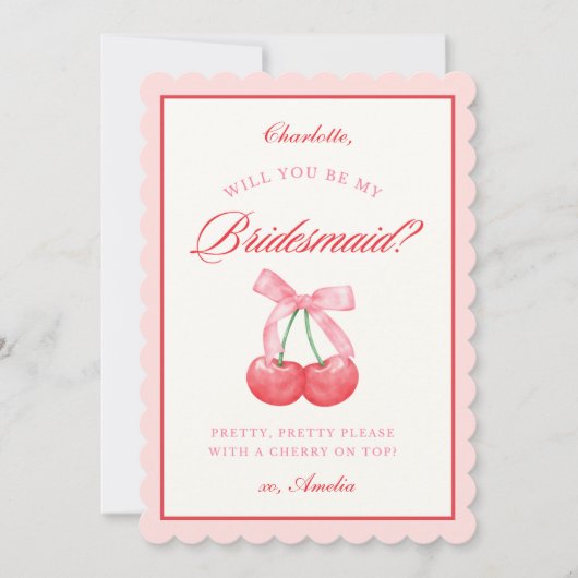 ネームパーソナライズされたボウさくらんぼブライデスメイド提案 招待状 (正面)