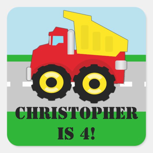 ネームパーソナライズされたボーイズキッズ建築ダンプラック スクエアシール (正面)