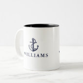ネームパーソナライズされたボ航海のートいかりネイビーブルー ツートーンマグカップ (正面左)