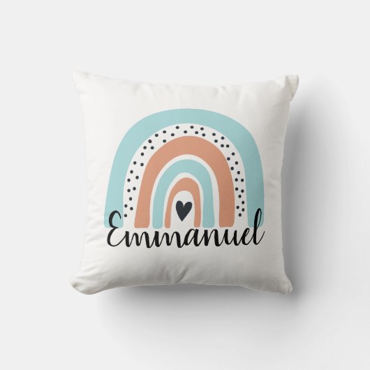 ネームパーソナライズされたレインボーハートブルーピーチ クッション (正面)