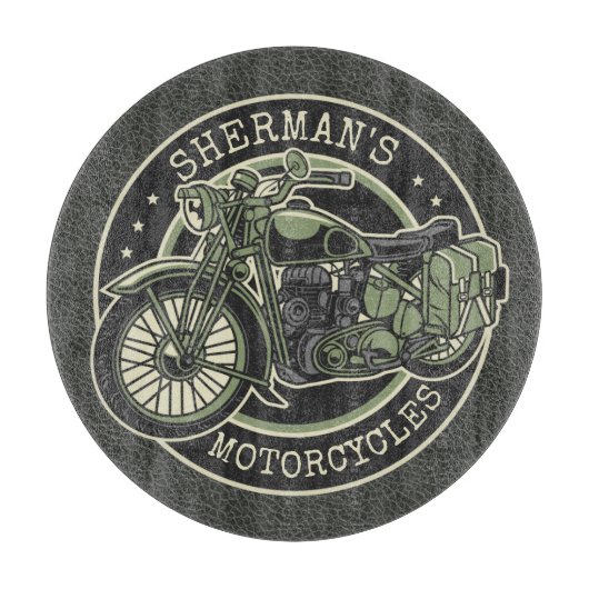 ネームパーソナライズされたレトロ軍隊バイクバイクもしくは自転車に乗る人 カッティングボード (正面)