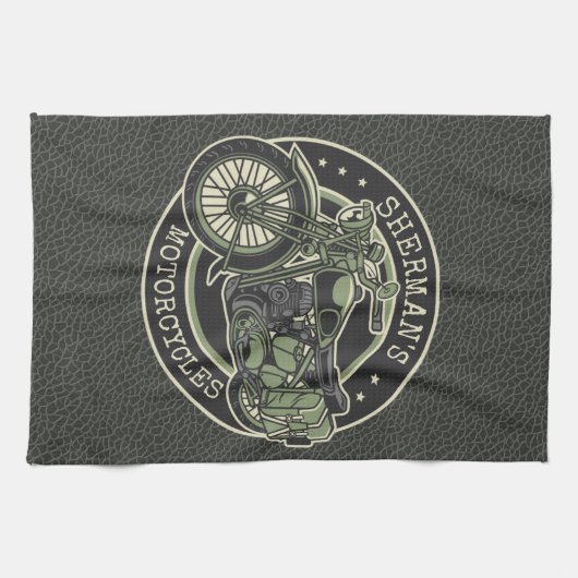 ネームパーソナライズされたレトロ軍隊バイクバイクもしくは自転車に乗る人 キッチンタオル (横)