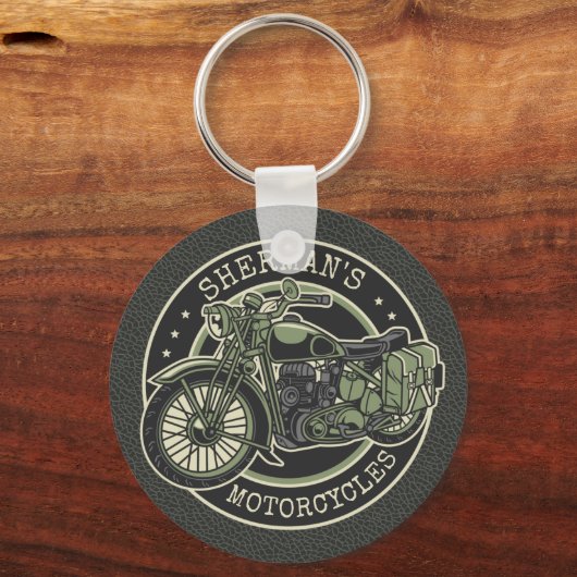 ネームパーソナライズされたレトロ軍隊バイクバイクもしくは自転車に乗る人 キーホルダー (正面)