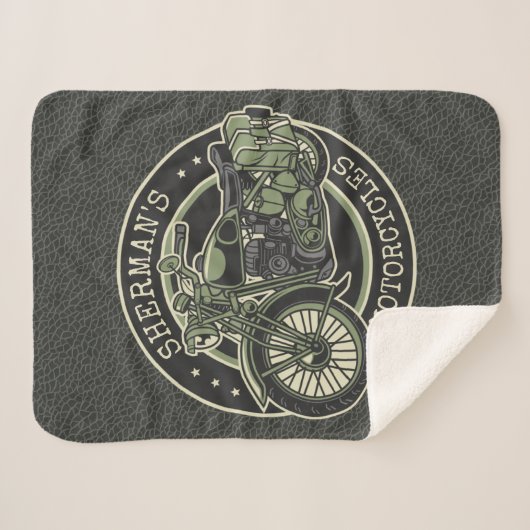 ネームパーソナライズされたレトロ軍隊バイクバイクもしくは自転車に乗る人 シェルパブランケット (正面(横))
