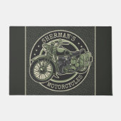 ネームパーソナライズされたレトロ軍隊バイクバイクもしくは自転車に乗る人 ドアマット (正面)