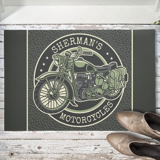 ネームパーソナライズされたレトロ軍隊バイクバイクもしくは自転車に乗る人 ドアマット