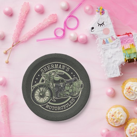 ネームパーソナライズされたレトロ軍隊バイクバイクもしくは自転車に乗る人 ペーパープレート (パーティー)