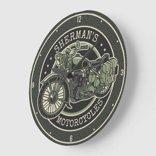 ネームパーソナライズされたレトロ軍隊バイクバイクもしくは自転車に乗る人 ラージ壁時計 (傾斜)