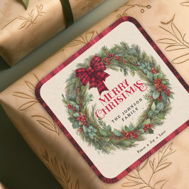 ネームレッドバッファロープレイドファームハウスクリスマスリース スクエアシール