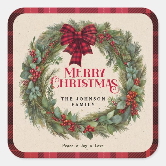 ネームレッドバッファロープレイドファームハウスクリスマスリース スクエアシール (正面)