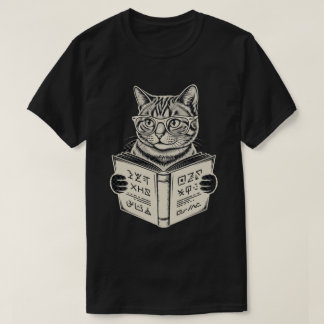 ネิร์ドなトラ猫メガネ読書アート Tシャツ
