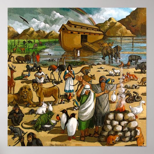 ノアと箱舟の壁画:動物、虹、芸術 ポスター (正面)