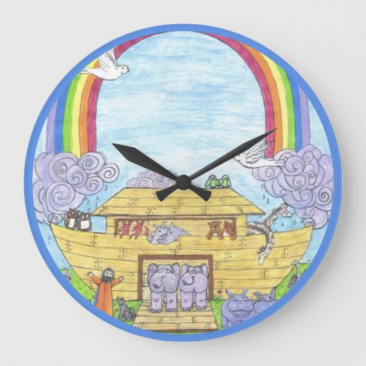ノアのアークウォーターカラーレインボーおもしろいゾウ ラージ壁時計 (正面)