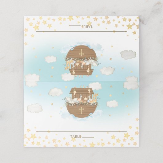 ノアのアークブルーかわいい動物バプテスマのゲスト名 プレイスカード (外部開封)