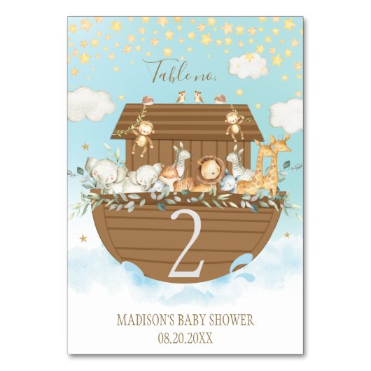 ノアのアークブルーかわいい動物バプテスマの赤ちゃんシャワー テーブルナンバー (裏面)
