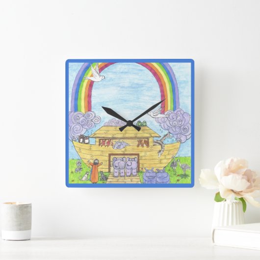ノアのアーク水彩虹のおもしろい象 スクエア壁時計 (ホーム)