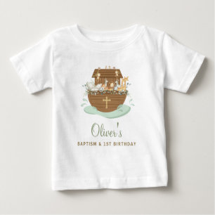 ノアのアーク洗礼《キリスト教》洗礼式や命名式第1誕生日パーティー ベビーTシャツ