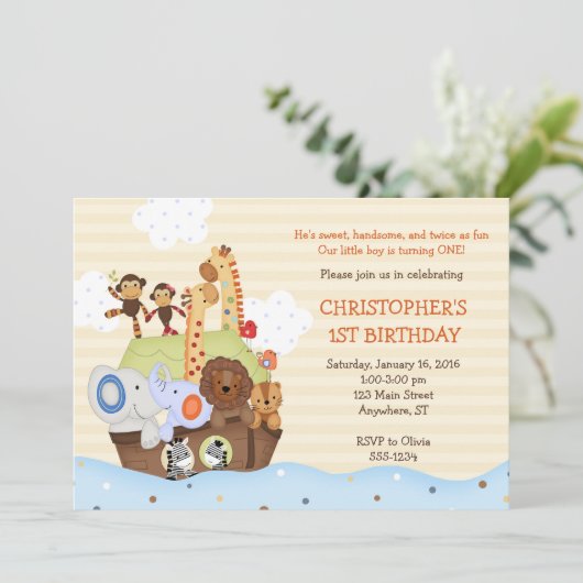 ノアのアーク誕生日招待状（オプションの写真を含む） 招待状 (スタンド正面)