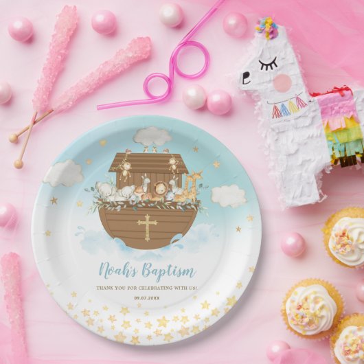ノアの箱舟かわいい動物の少年バプテスマ《キリスト教》洗礼式や命名式 ペーパープレート (パーティー)