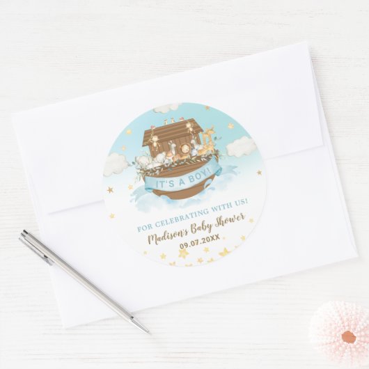 ノアの箱舟かわいい動物の男の子の赤ちゃんシャワーブルー ラウンドシール (封筒)