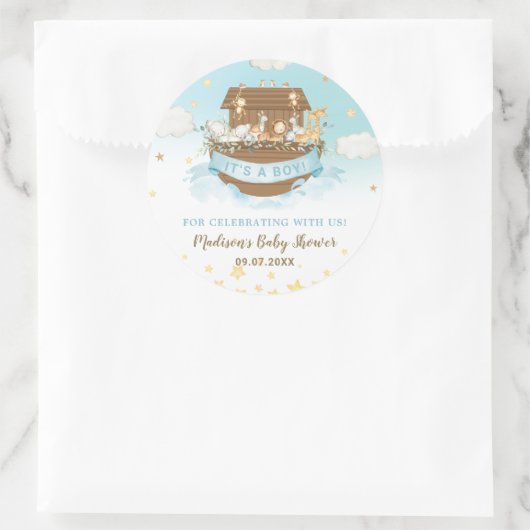 ノアの箱舟かわいい動物の男の子の赤ちゃんシャワーブルー ラウンドシール (バッグ)