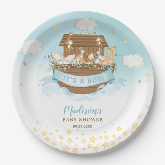 ノアの箱舟かわいい動物の男の子誕生日赤ちゃんシャワー ペーパープレート (正面)