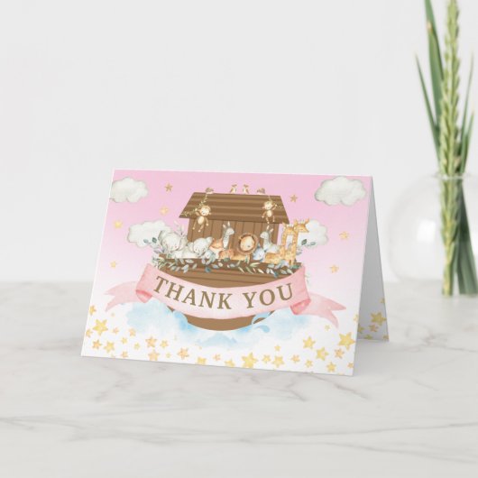 ノアの箱舟かわいい動物ガール誕生日赤ちゃんシャワー サンキューカード (正面)