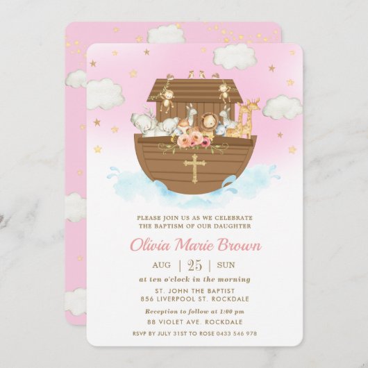 ノアの箱舟かわいい動物ピンクのバプテスマ《キリスト教》洗礼式や命名式 招待状 (正面/裏面)