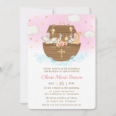 ノアの箱舟かわいい動物ピンクのバプテスマ《キリスト教》洗礼式や命名式 招待状 (正面)