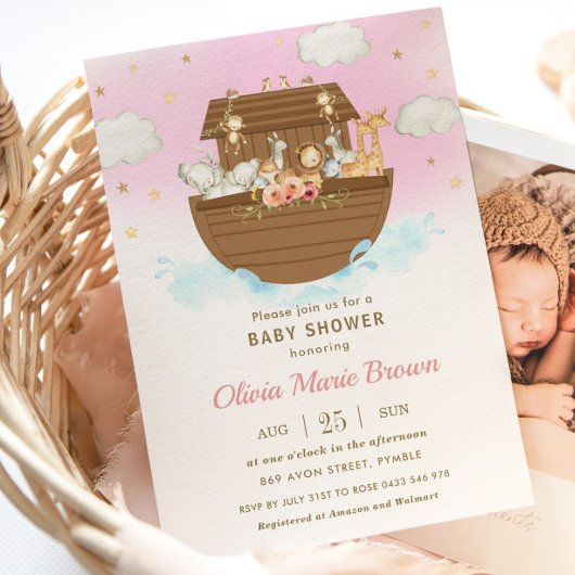ノアの箱舟かわいい動物ピンクの女の子ベビーシャワー 招待状