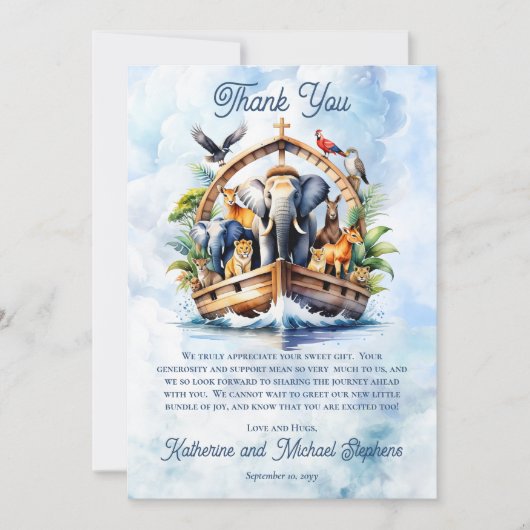 ノアの箱舟かわいい動物ブルーボーイ赤ちゃんシャワー サンキューカード (正面)