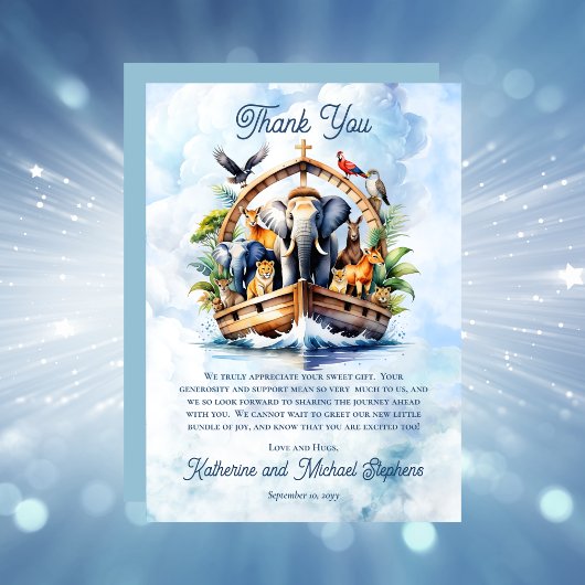 ノアの箱舟かわいい動物ブルーボーイ赤ちゃんシャワー サンキューカード