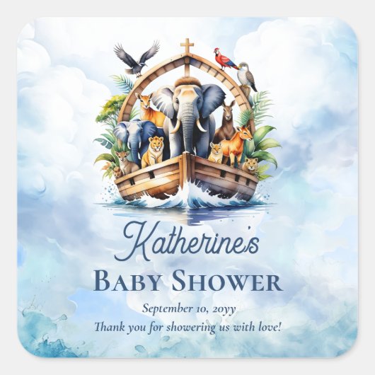 ノアの箱舟かわいい動物ブルーボーイ赤ちゃんシャワー スクエアシール (正面)