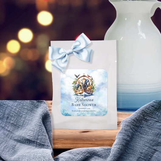 ノアの箱舟かわいい動物ブルーボーイ赤ちゃんシャワー スクエアシール