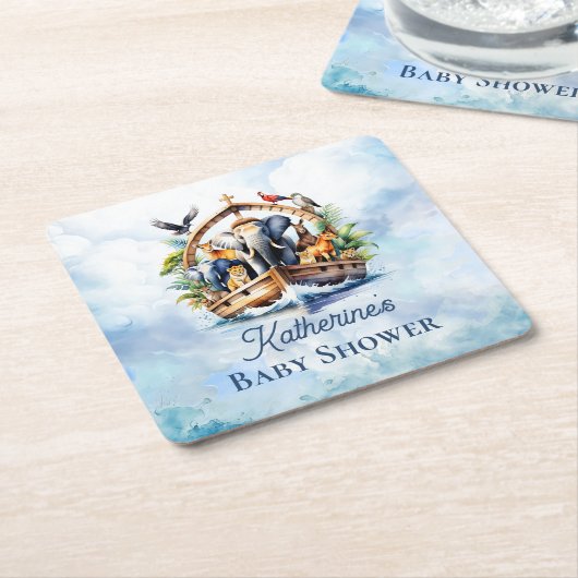 ノアの箱舟かわいい動物ブルーボーイ赤ちゃんシャワー スクエアペーパーコースター (アングル)