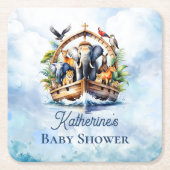 ノアの箱舟かわいい動物ブルーボーイ赤ちゃんシャワー スクエアペーパーコースター (正面)