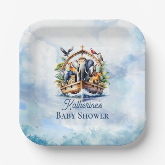 ノアの箱舟かわいい動物ブルーボーイ赤ちゃんシャワー ペーパープレート (正面)