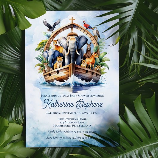 ノアの箱舟かわいい動物ブルーボーイ赤ちゃんシャワー 招待状