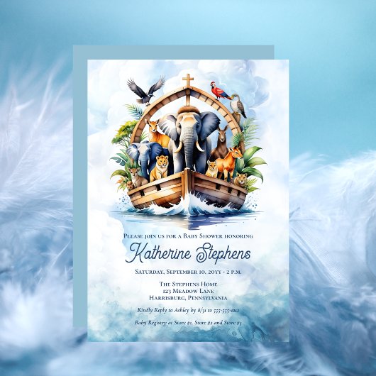 ノアの箱舟かわいい動物ブルーボーイ赤ちゃんシャワー 招待状
