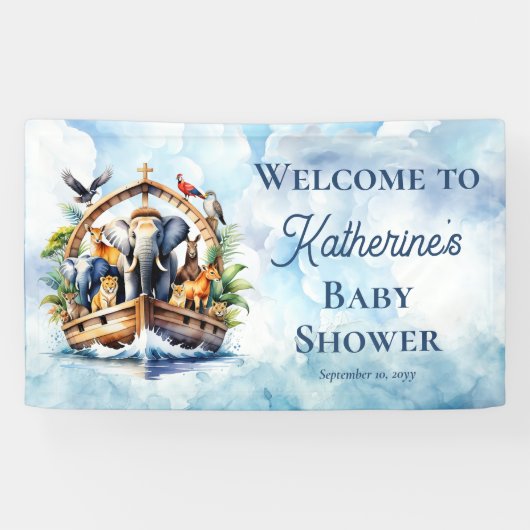 ノアの箱舟かわいい動物ブルーボーイ赤ちゃんシャワー 横断幕 (横)