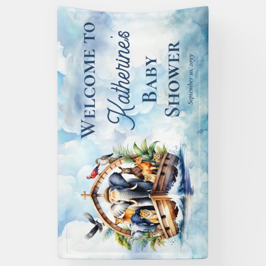 ノアの箱舟かわいい動物ブルーボーイ赤ちゃんシャワー 横断幕 (縦)