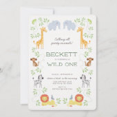 ノアの箱舟の動物たちのお誕生日 ブルー ご招待 招待状 (正面)