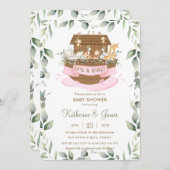 ノアの箱舟の動物の緑の女の子の赤ちゃんシャワー 招待状 (正面/裏面)